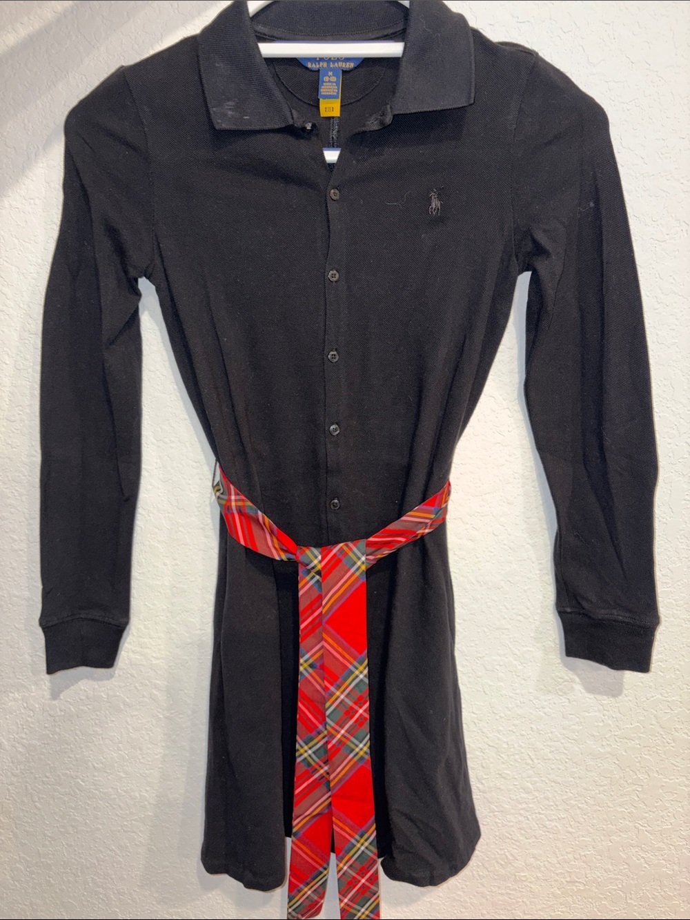 Ralph Lauren Black Long-Sleeve Polo Tunic with Red Plaid Sash